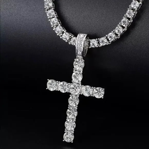 Cross Pendant Necklace with 4mm Tennis Chain Iced  Necklace Jewelry Silver chain - Picture 6 of 8